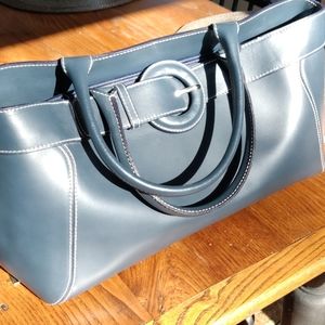 Furla Vintage blue leather white stitching handbag